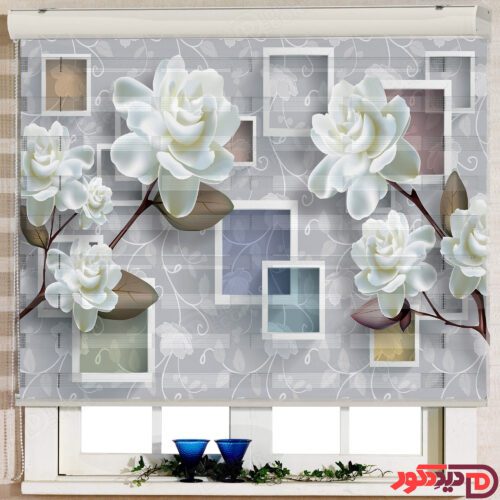 پرده زبرا تصویری کد 3DF-020 تصویر نمای روبروی پرده با طرح گل های رز سفید و زمینه طوسی