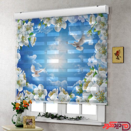 پرده زبرا تصویری چاپی کد : 3DF-017 با تصویر رنگ زمینه آبی و شکوفه های سفید همراه با کبوتر