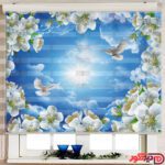 پرده زبرا تصویری چاپی کد : 3DF-017 با تصویر رنگ زمینه آبی و شکوفه های سفید همراه با کبوتر