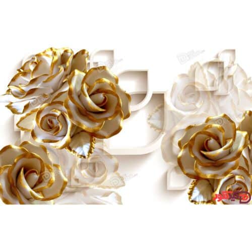 گل های سه بعدی کرم و طلائی و لبه های طلائی در زمینه رنگ سفید 3DF-63