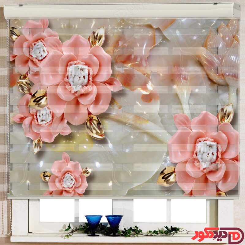 گلهای رز سه بعدی گلبهی رنگ با برگ و شاخه طلایی و زمینه سنگ مرمر 3DF-087-1