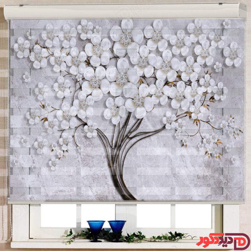 تصویر پرده زبرا چاپی کد AZ-04 درخت رنگ سیاه گل دار با شکوفه سفید