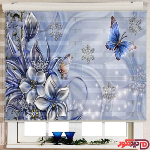 پرده زبرا چاپی گل و پروانه آبی کد 3DF-107
