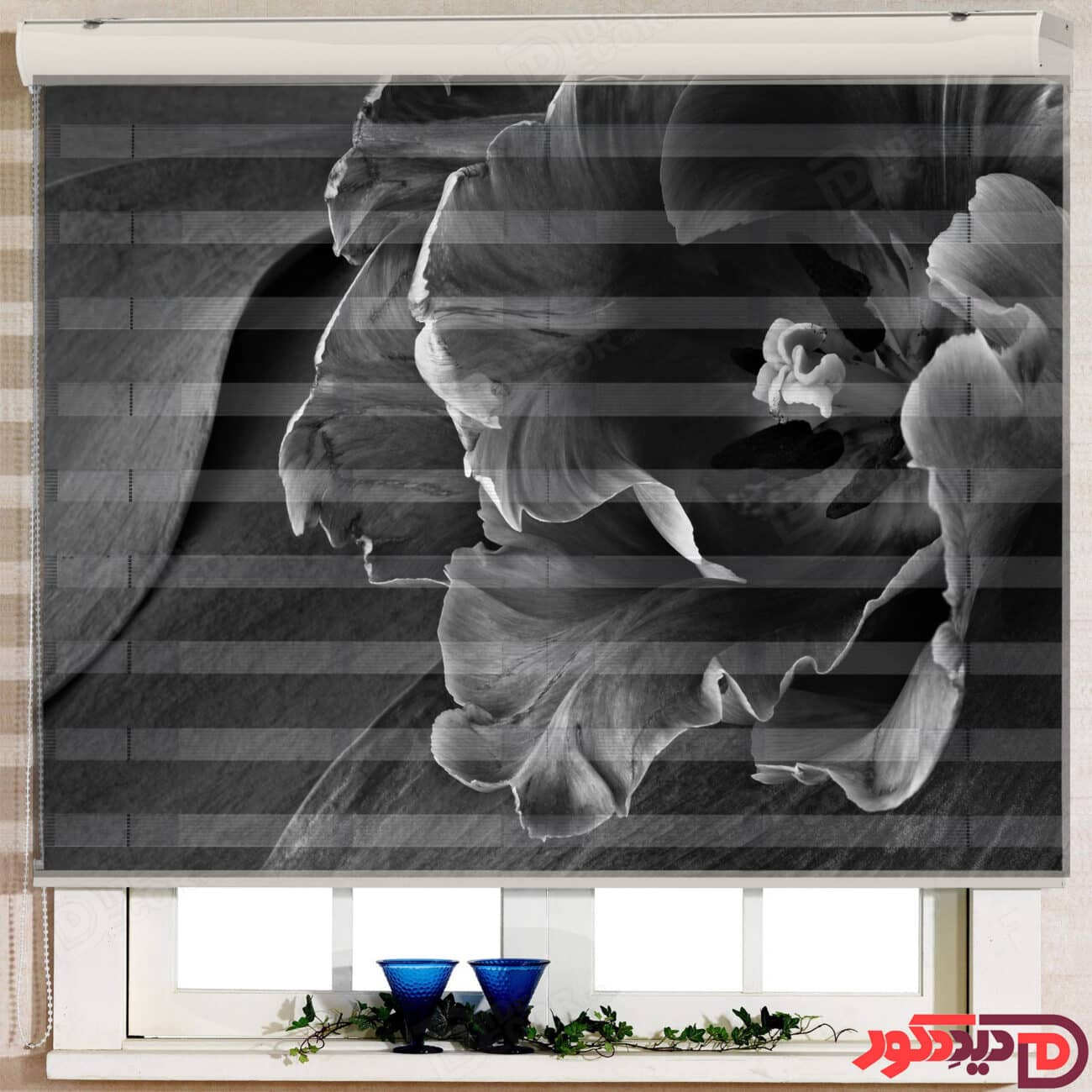 پرده زبرا تصویری چاپی گلدار با تصویر گل مشکی و زمینه سیاه کد 3DF-125