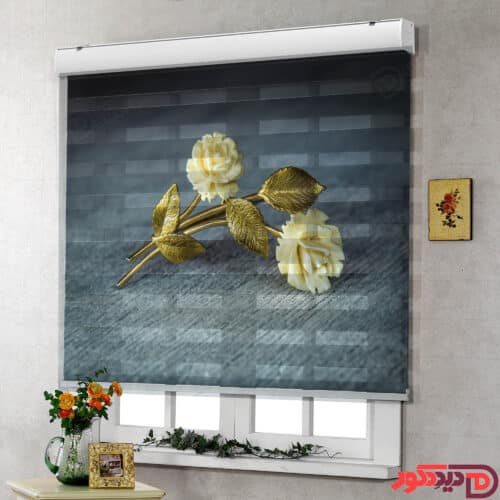پرده زبرا تصویری گل رز رونده کد 3DF-129 پرده زبرا تصویری چاپی گلدار با گل رز رونده زرد با زمینه آبی رنگ کد 3DF-129