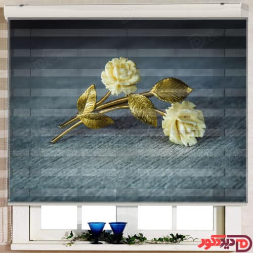 پرده زبرا تصویری چاپی گلدار با گل رز رونده زرد با زمینه آبی رنگ کد 3DF-129