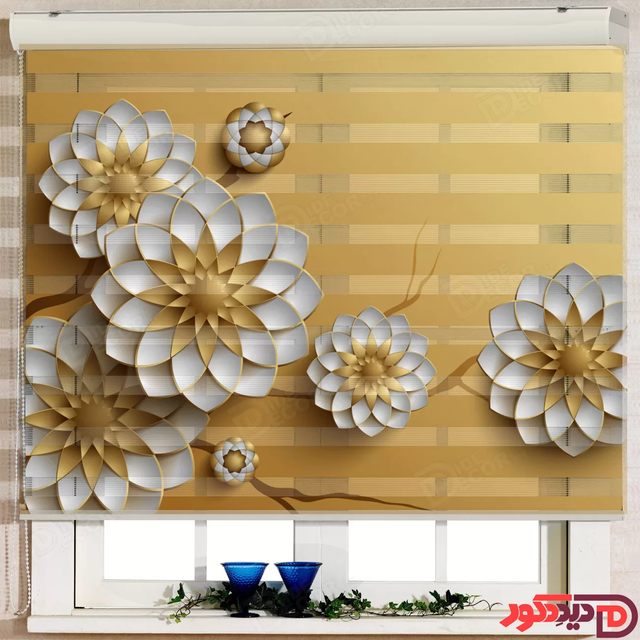 پرده زبرا گلدار سه بعدی سفید طلایی az-30