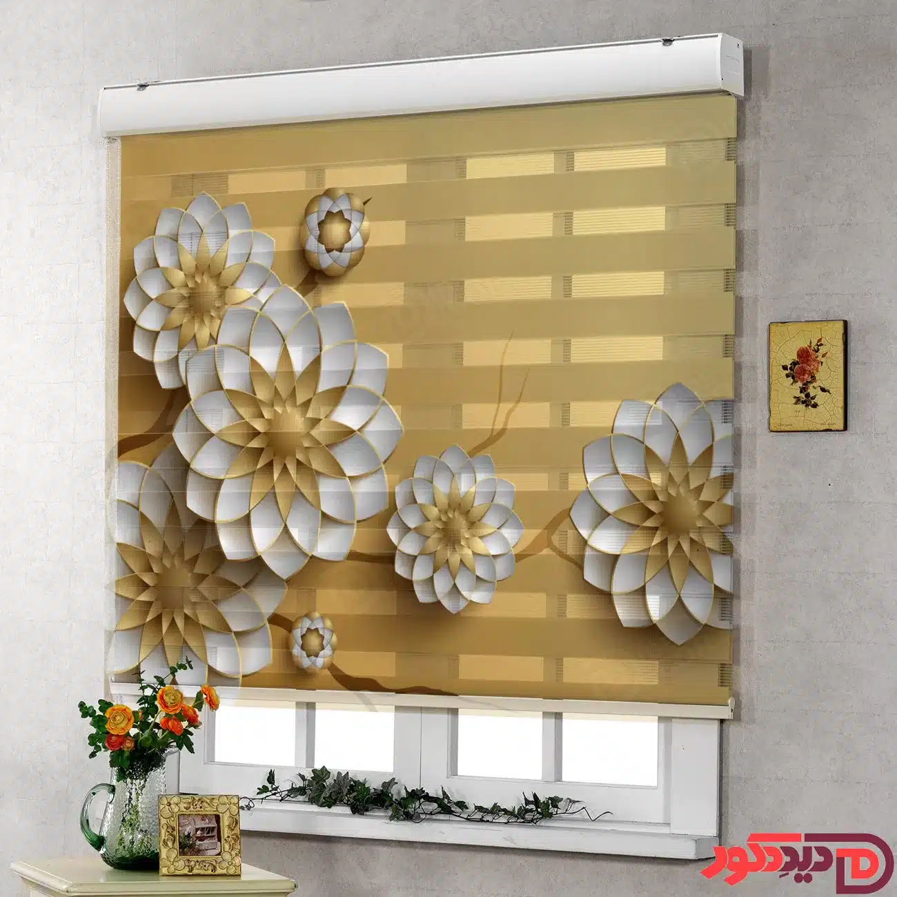 پرده زبرا گل دار سه بعدی سفید طلائی az-30