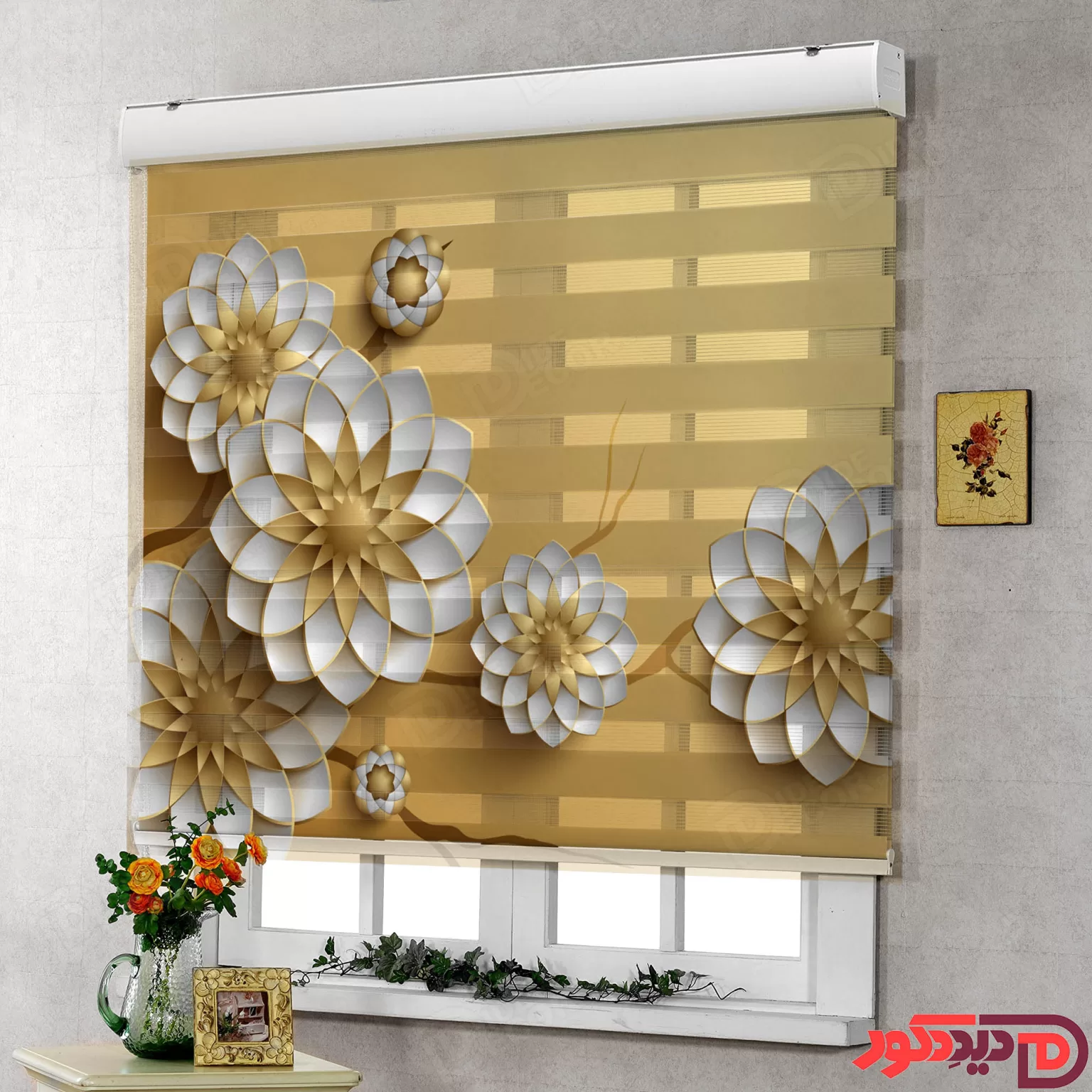 پرده زبرا گل دار سه بعدی سفید طلائی az-30