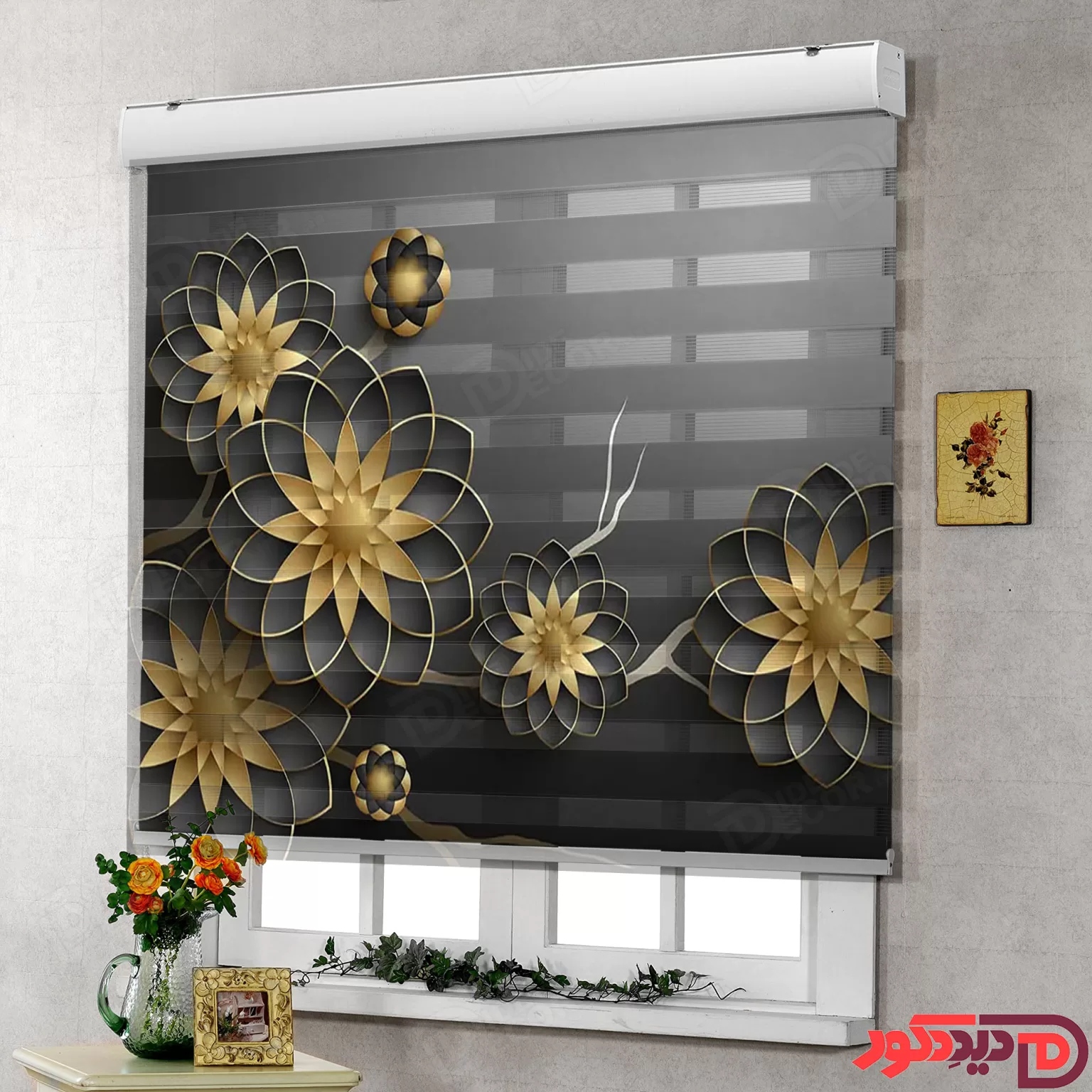 پرده زبرا گل نیلوفر آبی سه بعدی سیاه طلایی az-32