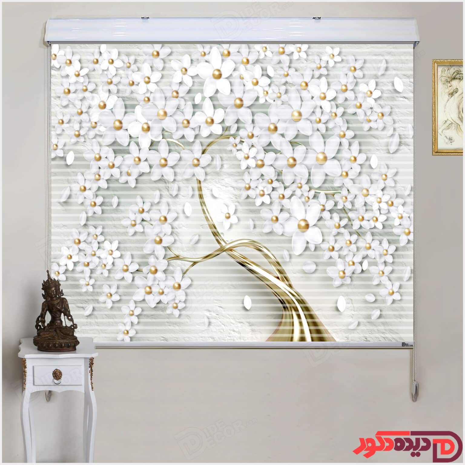 پرده زبرا دومکانیزم شب و روز چاپی تصویری سه بعدی درخت خمیده طلایی طرح گل و شکوفه سفید روی پارچه زبرا دوسانت و آستر شید سفید AZD-10