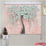 پرده زبرا دومکانیزم شب و روز چاپی تصویری سه بعدی طرح گل دار درخت شکوفه گیلاس سبزآبی با تنه سیاه و زمینه صورتی کد AZD-27