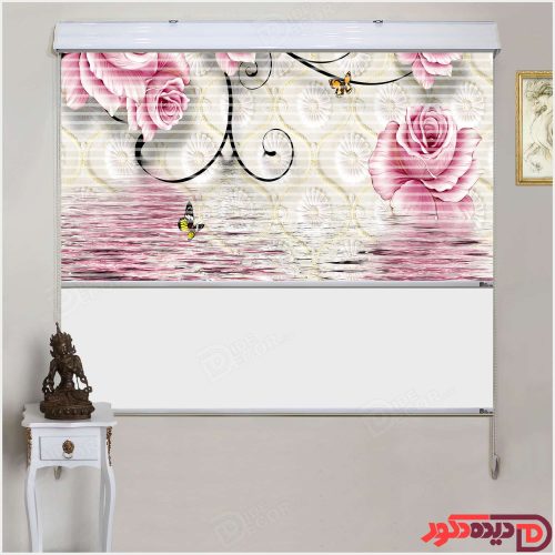 پرده زبرا تصویر گل های رز سرخابی و موج دریا با پروانه های کوچک کد 3DP-100-2