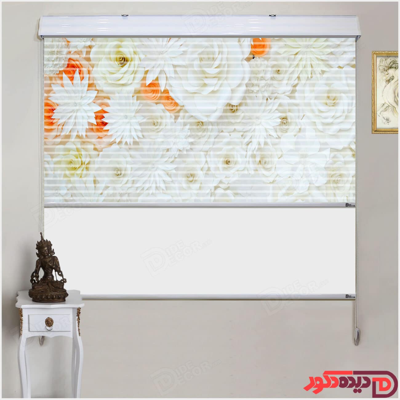 پرده زبرا تصویری چاپی سه بعدی گل های رز سفید و نارنجی کد 3DP-102-2