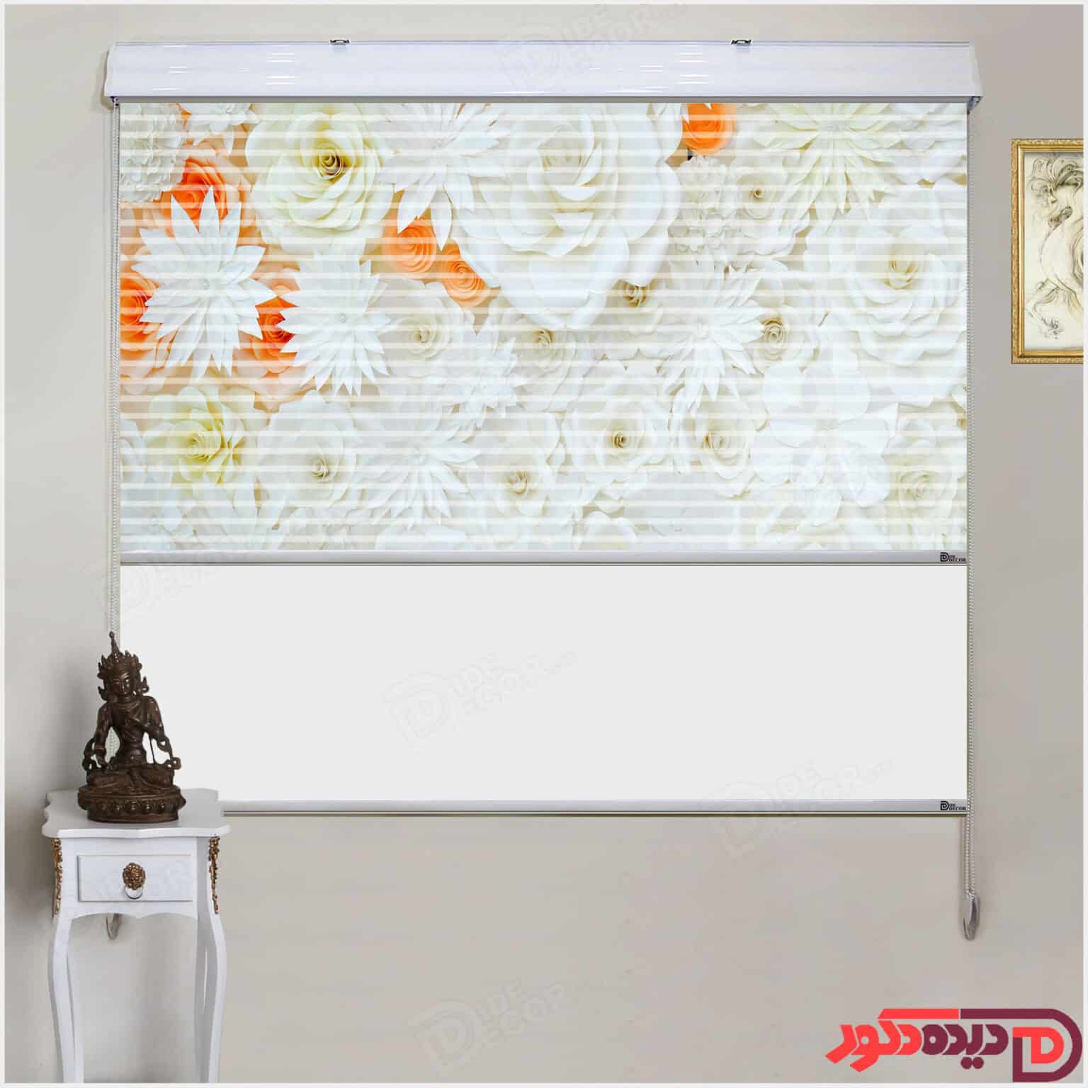 پرده زبرا تصویری چاپی سه بعدی گل های رز سفید و نارنجی کد 3DP-102-2