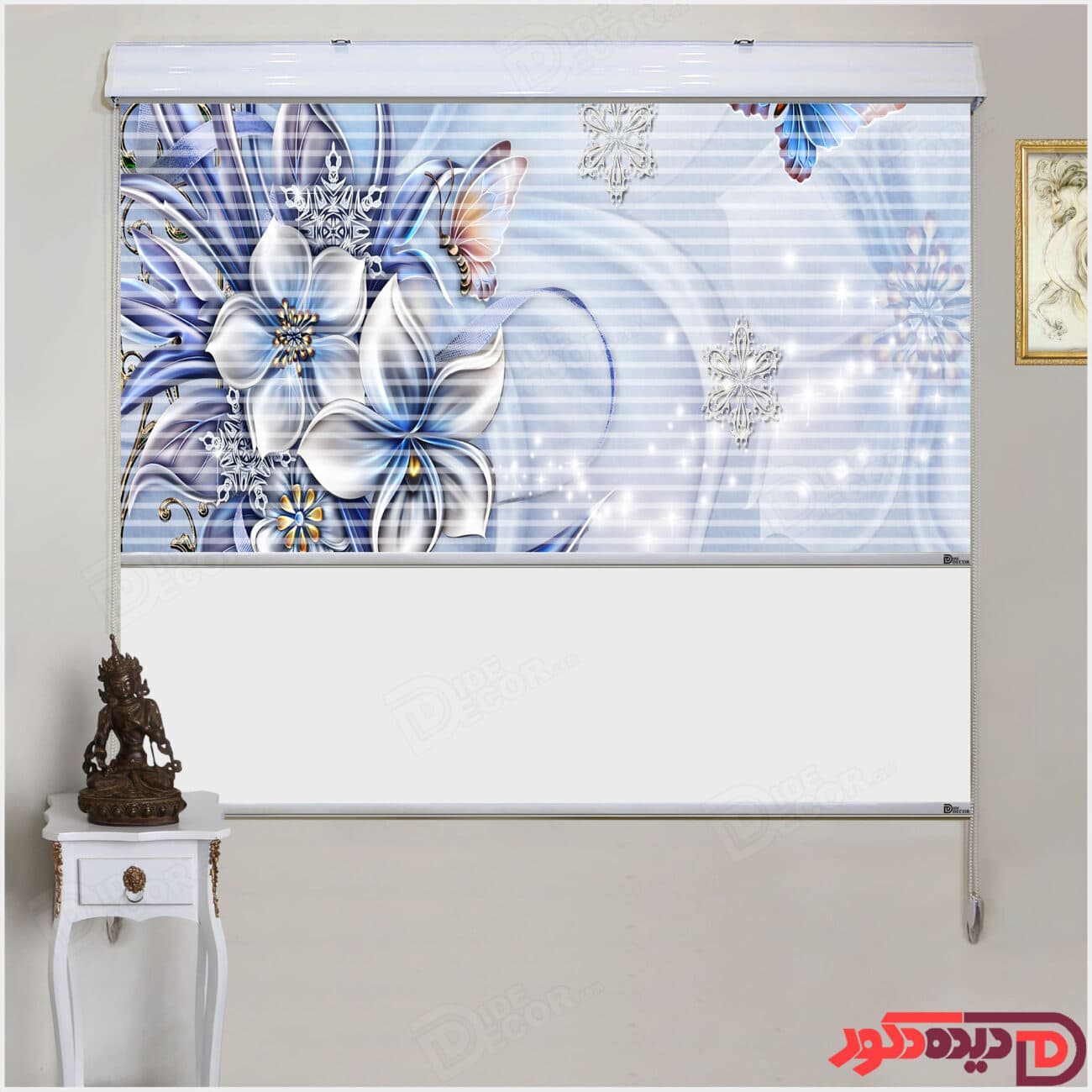 پرده زبرا تصویری چاپی گل و پروانه ابی کد 3DP-107-2