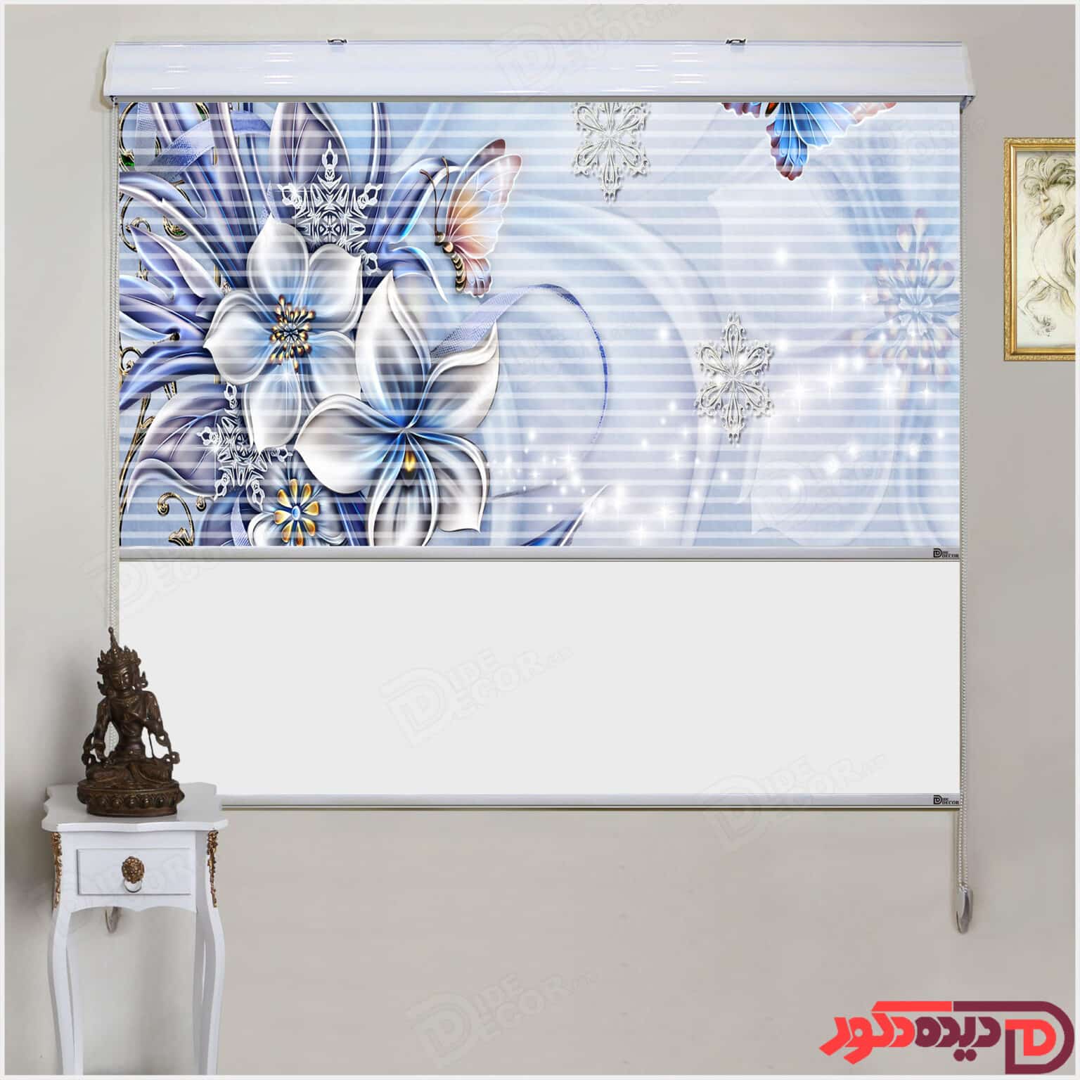 پرده زبرا تصویری چاپی گل و پروانه ابی کد 3DP-107-2
