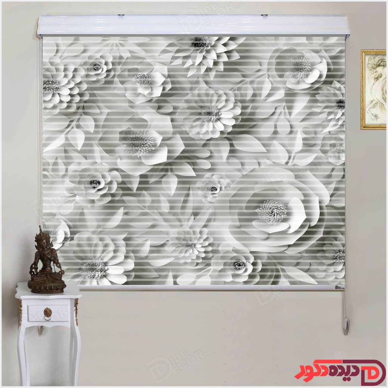 پرده زبرا تصویری چاپی گل های کاغذی سفید و طوسی روشن کد 3DP-120