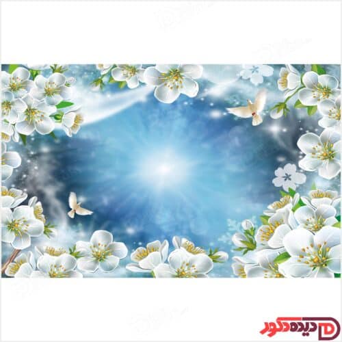 عکس پرده زبرا تصویری چاپی آبی آسمانی یا گل و شکوفه و پرنده کبوتر سفید کد 3DP-17-3