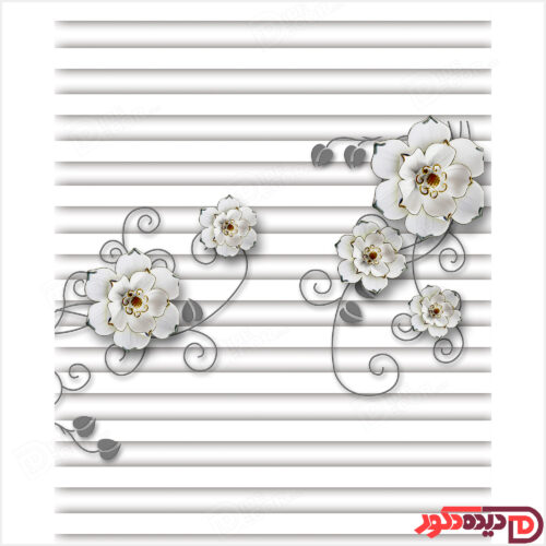عکس پرده زبرا تصویری چاپی گل سفید با خط های افقی موازی کد 3DP-19-3