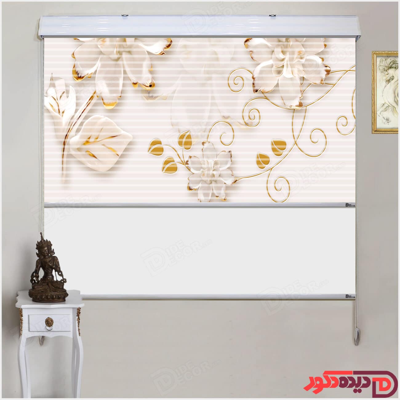 پرده زبرا تصویری چاپی سه بعدی گل سفید طلائی کد 3DP-93-2