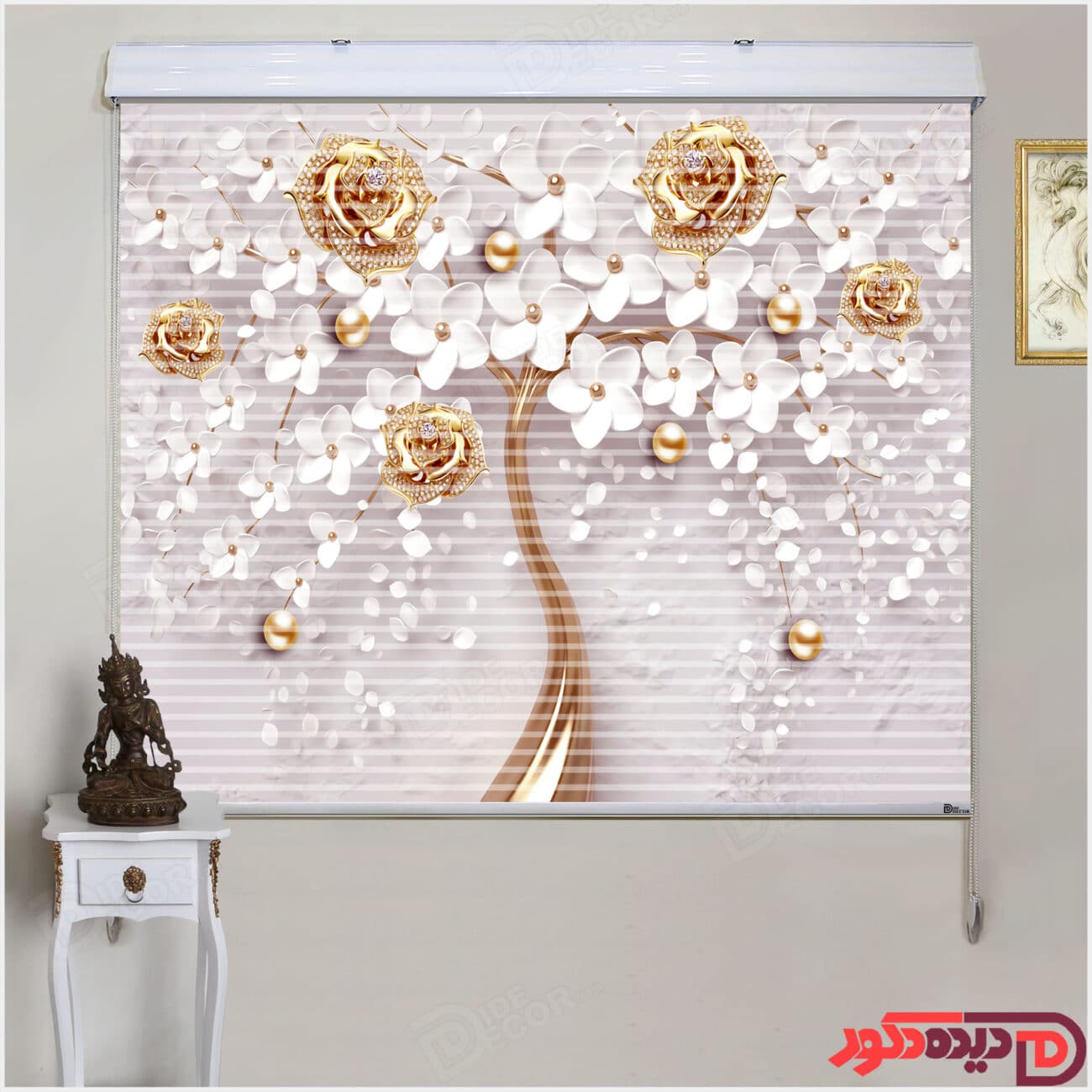 پرده زبرا تصویری چاپی درخت شکوفه گیلاس سفید طلایی کد AZD-13