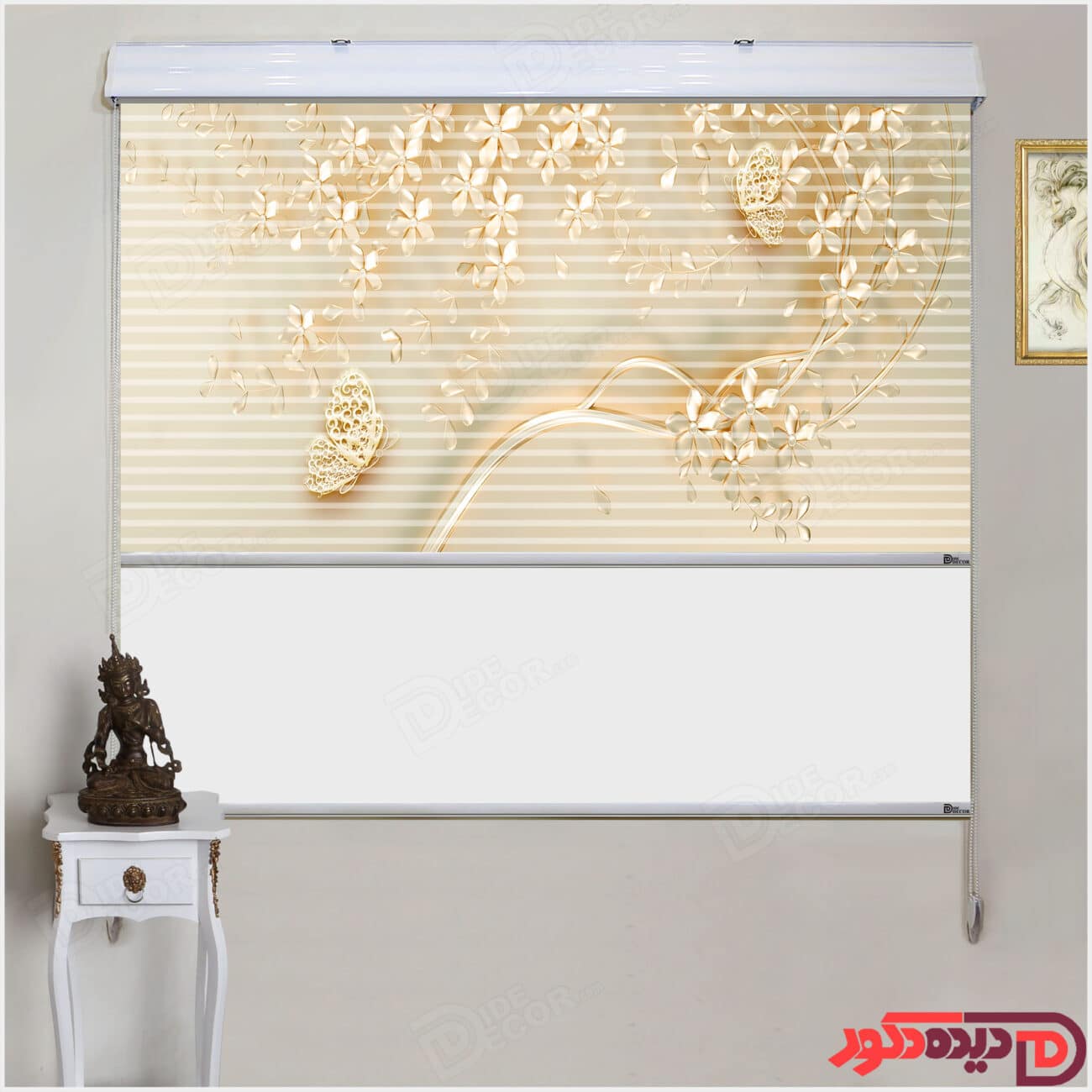 پرده زبرا تصویری چاپی درخت خمیده و شکوفه طلائی با پروانه کد AZD-49-2