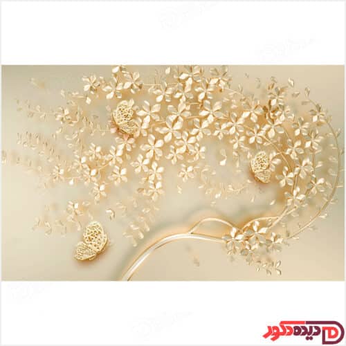 عکس چاپی درخت خمیده و شکوفه طلایی با پروانه کد AZD-49-3