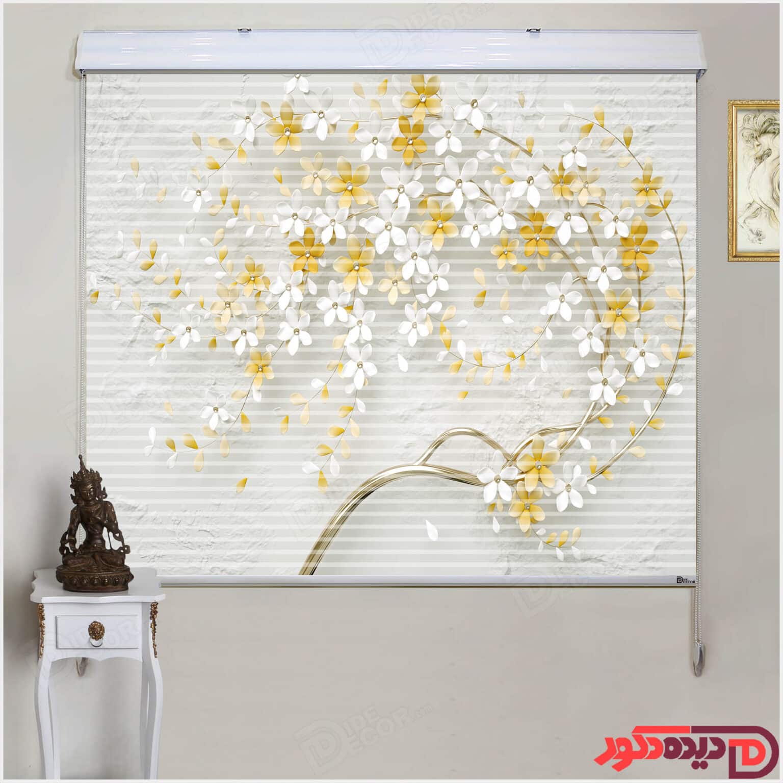 پرده زبرا تصویری چاپی درخت خمیده و شکوفه سفید طلایی کد AZD-80