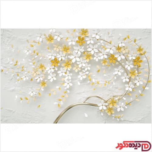 تصویر چاپی درخت خمیده و شکوفه سفید طلایی کد AZD-80-3