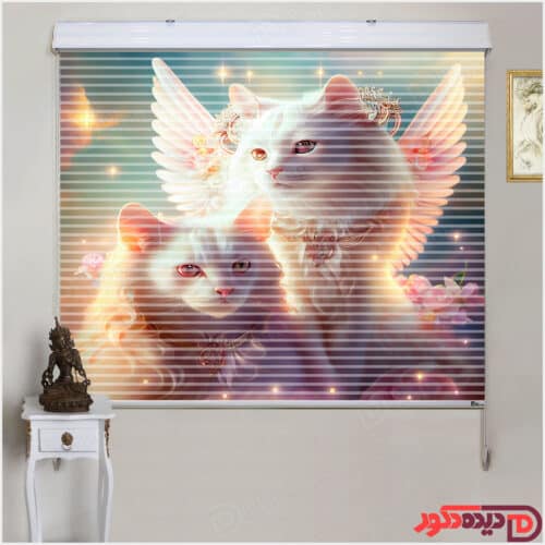 پرده زبرا تصویری فانتزی چاپی فرشته گربه ای بالدار سفید گلبهی کد angel CAT-01