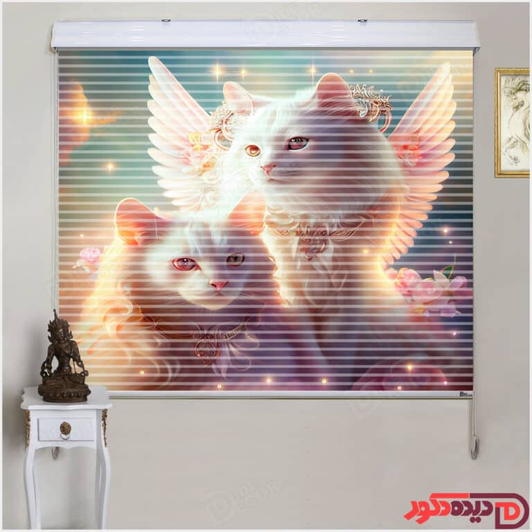 پرده زبرا تصویری فانتزی چاپی فرشته گربه ای بالدار سفید گلبهی کد angel-cat