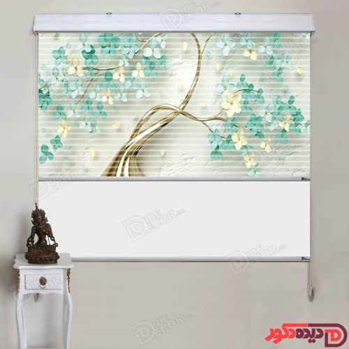 پرده زبرا تصویری سه بعدی گل و شکوفه گیلاس سبز با تنه درخت خمیده و زمینه طوسی سبز کد AZD-78-2
