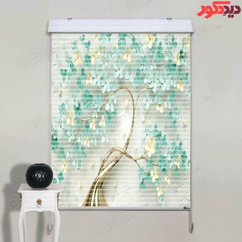 پرده زبرا دومکانیزم چاپی سه بعدی گل و شکوفه گیلاس سبز با تنه درخت خمیده و زمینه طوسی سبز کد AZD-78