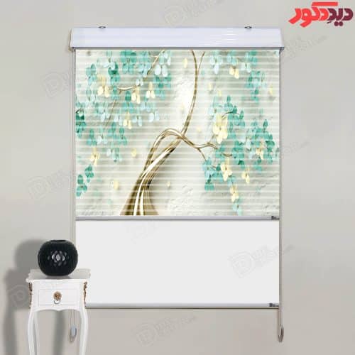 پرده زبرا دومکانیزم چاپی سه بعدی گل و شکوفه گیلاس سبز با تنه درخت خمیده و زمینه طوسی سبز کد AZD-78