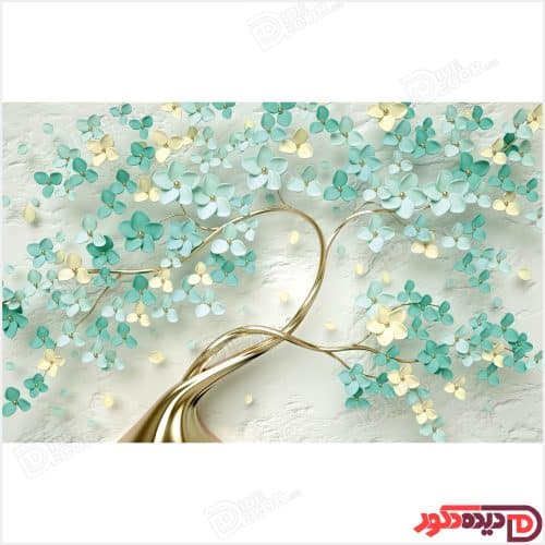 گل و شکوفه سه بعدی گیلاس سبز با تنه درخت خمیده و زمینه طوسی-سبز کد AZD-78