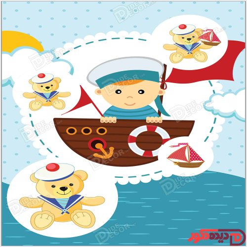 نقاشی پسر ملوان و عروسک خرس در دریا به رنگ آبی کد KZD-004-C