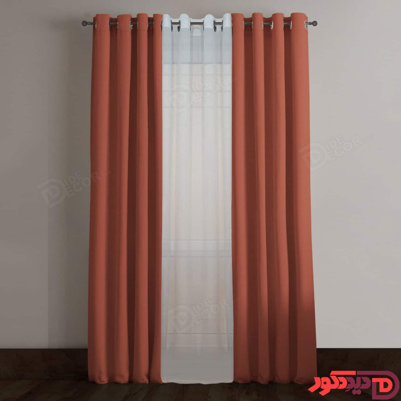 پرده پانچ رنگ آجری پررنگ پارچه کتان ترک کد 66144