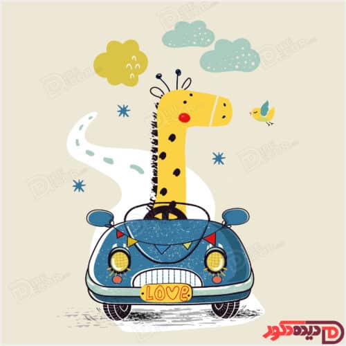 پرده زبرا دومکانیزم کودک کارتونی زرافه زرد سوار اتومبیل ماشین آبی کد kzd-026