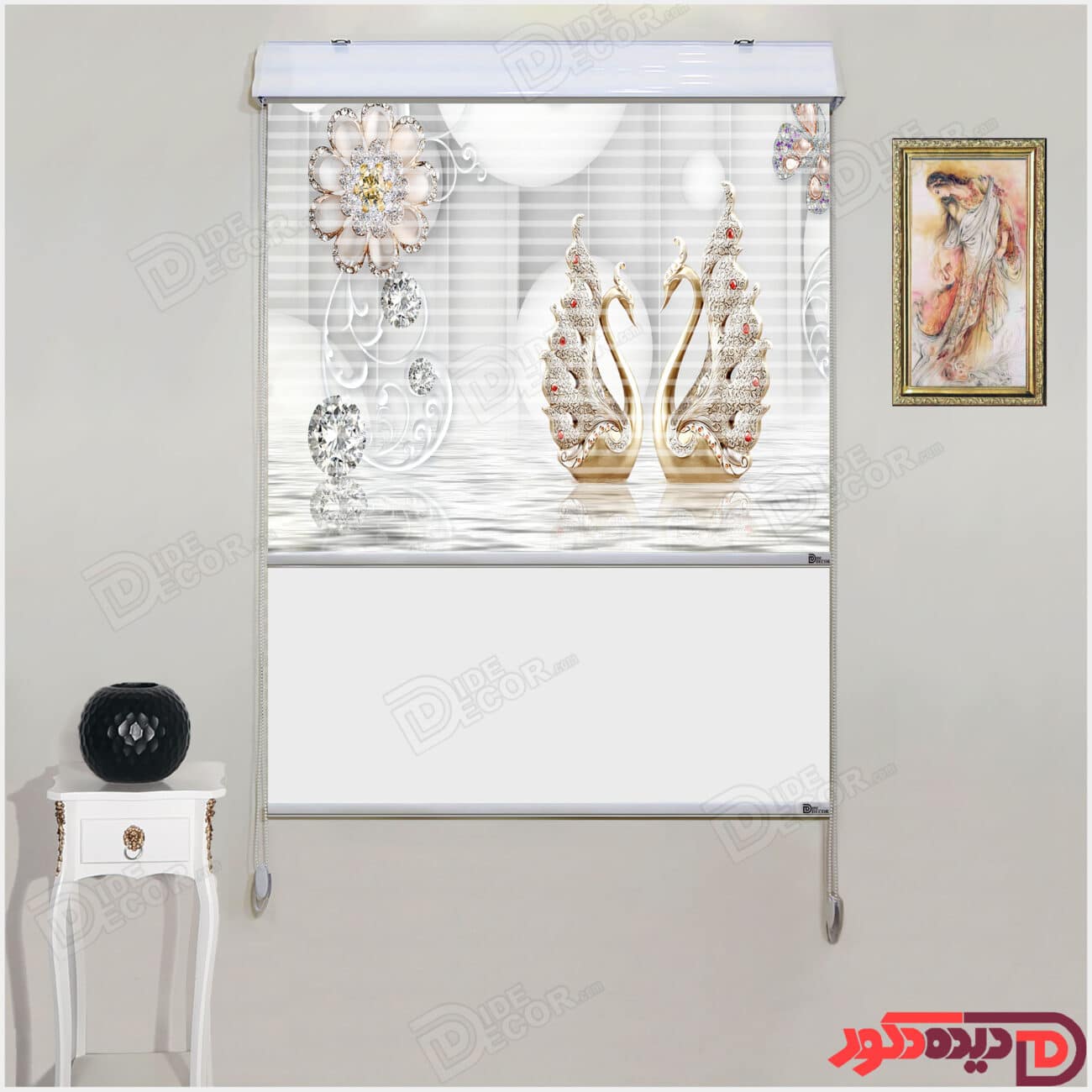 پرده زبرا شب و روز سه بعدی دو قو و پروانه و گل جواهر ghoo-09