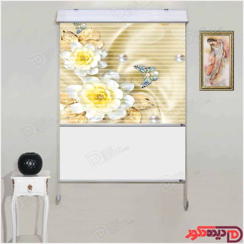 پرده زبرا دومکانیزم گل پروانه سفید زرد طلایی سه بعدی AZD-24
