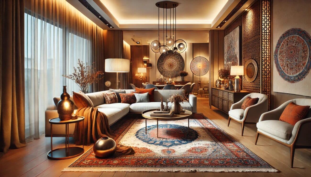یک فضای نشیمن با مبلمان مدرن و استفاده از فرش‌های ایرانی، نورپردازی مناسب و لوازم جانبی زیبا