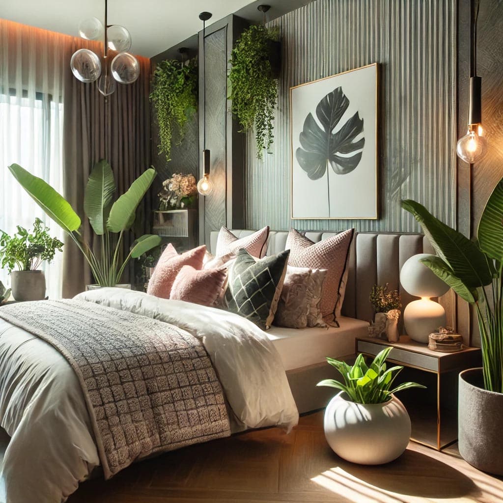 تصویر یک اتاق خواب با طراحی داخلی شیک و مدرن تخت خواب با روکش‌های زیبا و گیاهان آپارتمانی