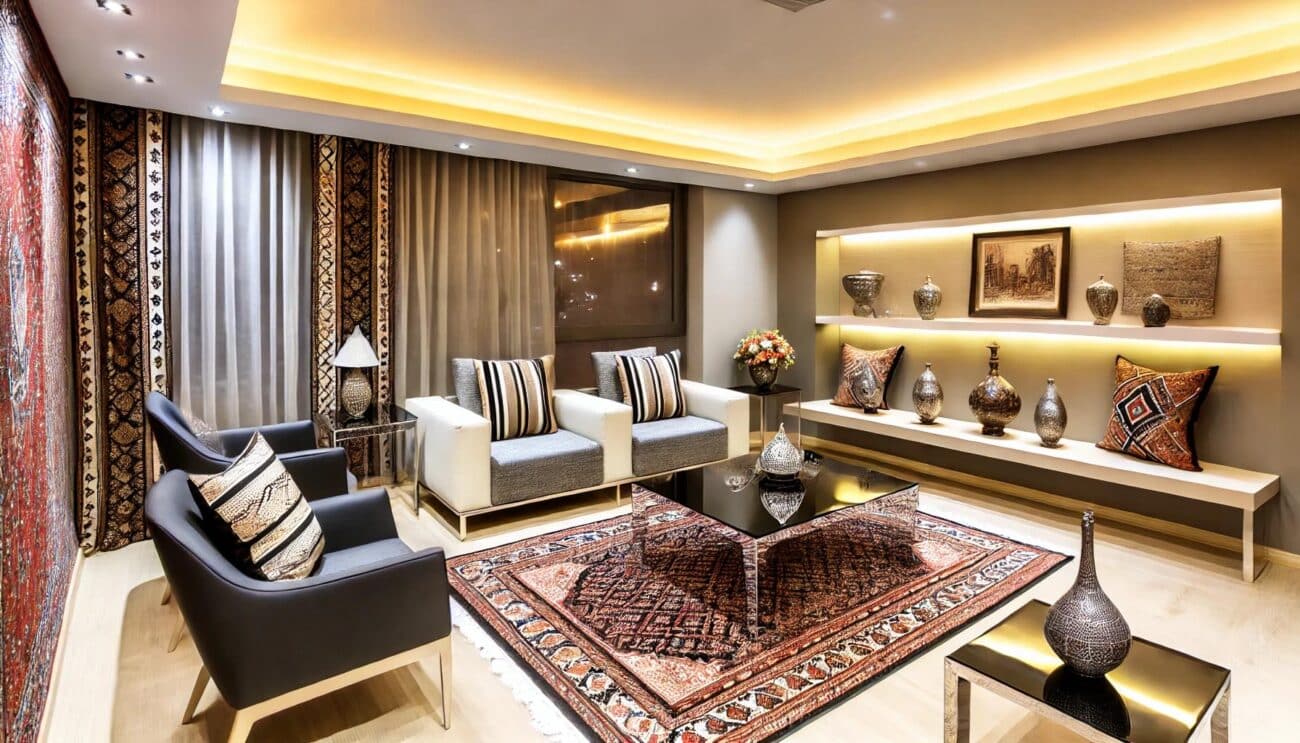 یک سالن نشیمن با دکوراسیون مدرن و شیک ایرانی، شامل مبلمان مدرن، فرش‌های ایرانی و نورپردازی