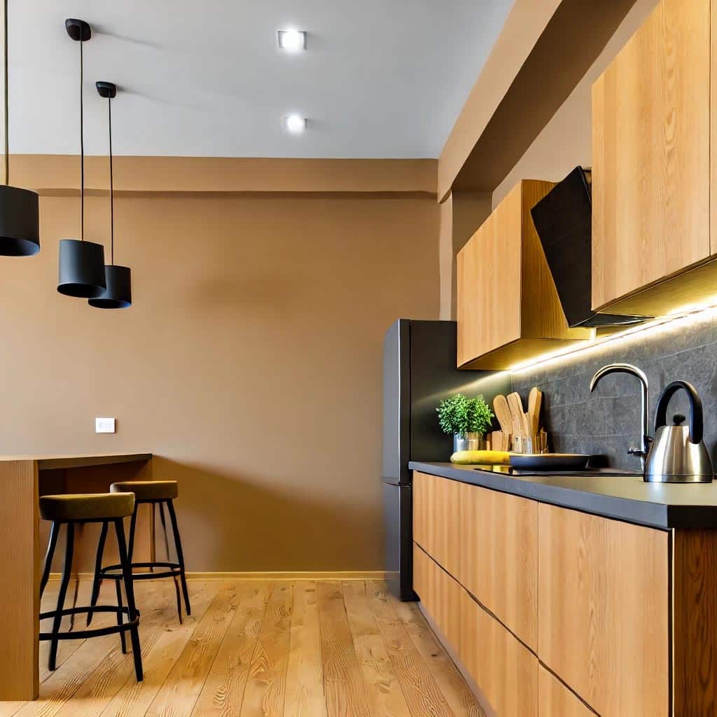 یک آشپزخانه با دکوراسیون مدرن و استفاده از رنگ‌های گرم و طبیعی، شامل کابینت‌های چوبی و نورپردازی مناسب
