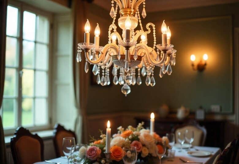 یک لوستر کریستالی درخشان که در یک اتاق غذاخوری آویزان شده است. لوستر باید روشن باشد و درخشش گرمی روی میز زیر بتابد.