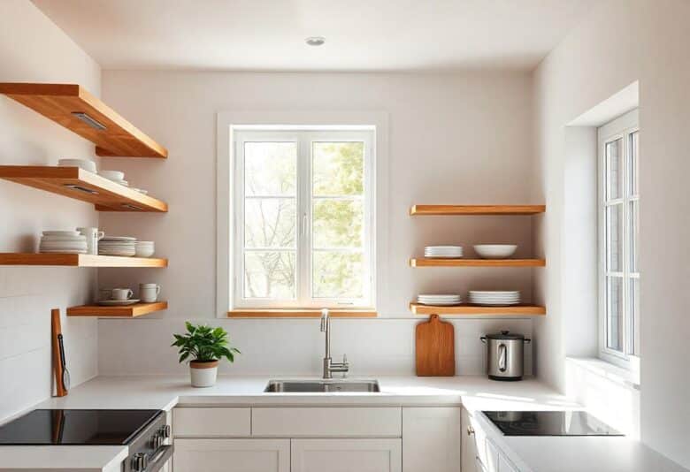 آشپزخانه مینیمالیستی با قفسههای باز و بدون کابینت، طراحی تمیز و جادار را به نمایش میگذارد