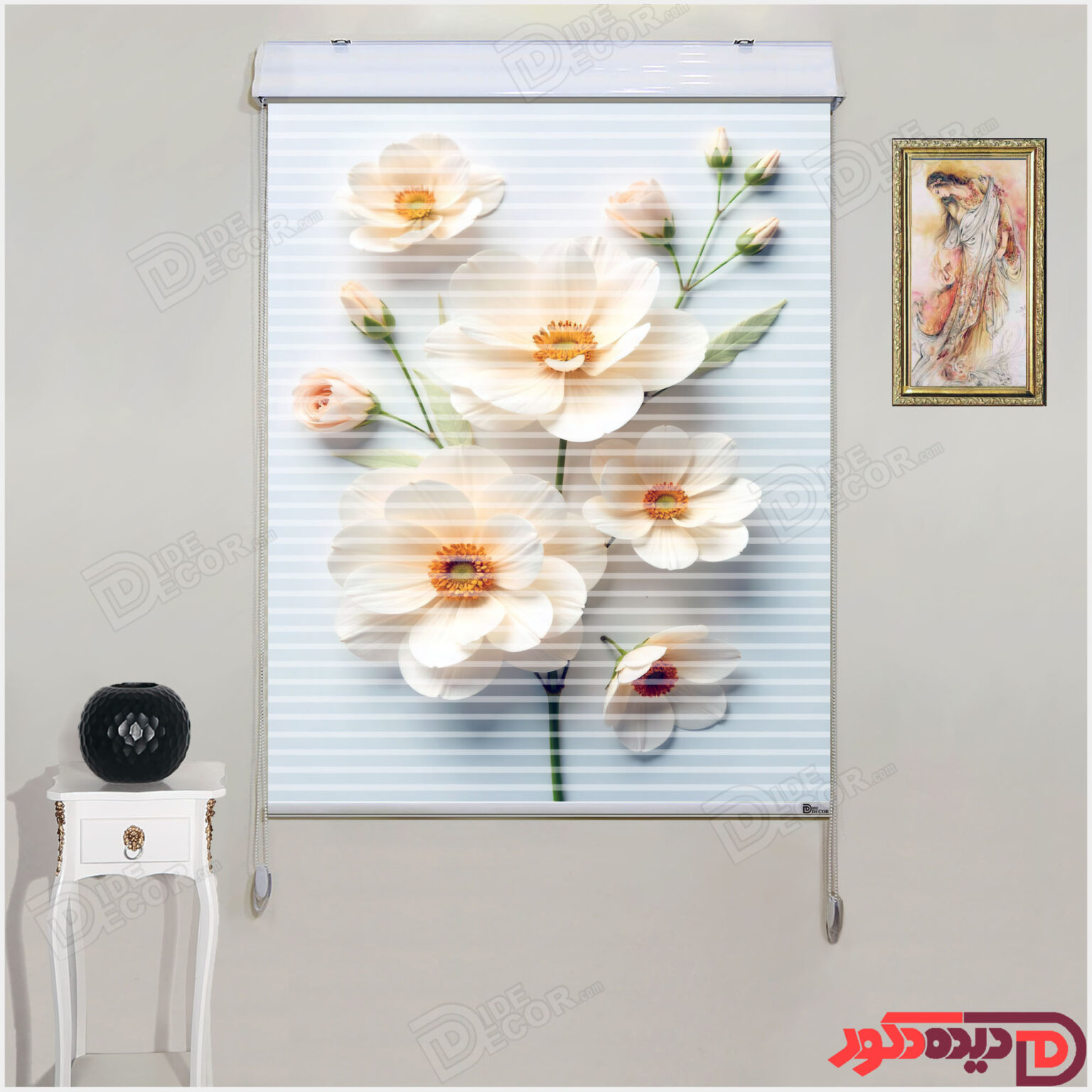 پرده زبرا دومکانیزم کد AZD-26 گل سفید سه بعدی با زمینه آبی مایل به طوسی