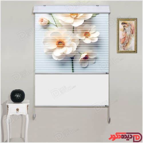 پرده زبرا دومکانیزم کد AZD-26 گل سفید سه بعدی با زمینه آبی مایل به طوسی