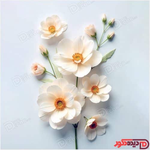 پرده زبرا دومکانیزم کد AZD-26 گل سفید سه بعدی با زمینه آبی مایل به طوسی